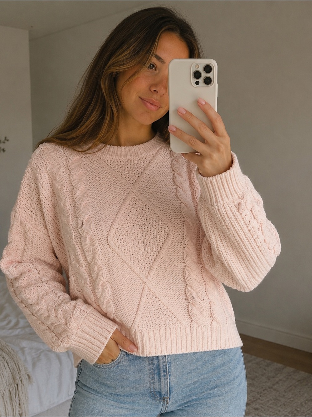 Time and Tru Soft Pink Cable Knit Crewneck Sweater